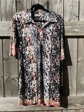 Mlle Gabrielle Midi Dress in Black, White & Peach Animal Print Sz L